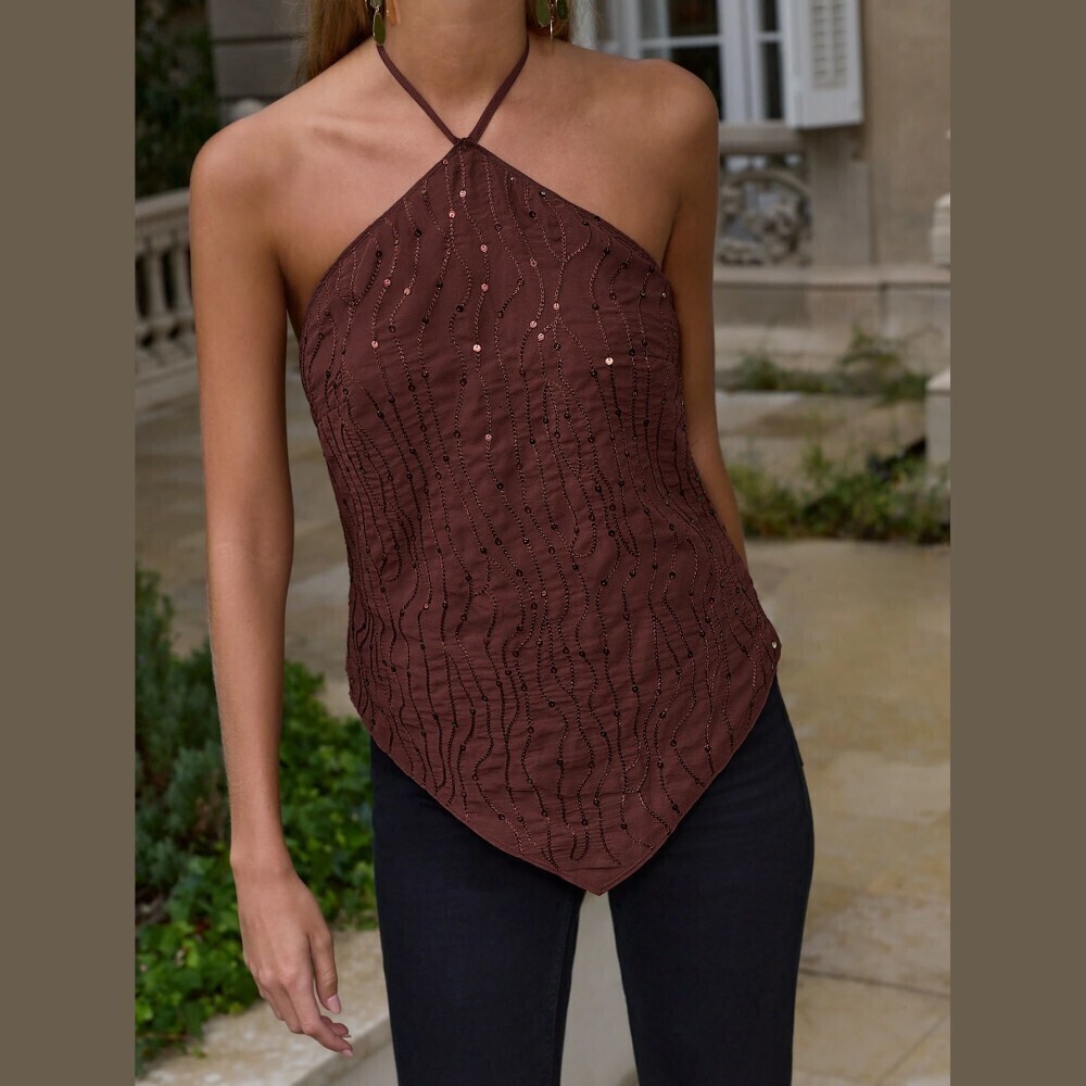 Brown Swirly Sequin Sparkle Halter Camisole Tank Top w/ Asymmetric Hem